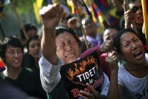 Exiltibeter bekunden in der indischen Hauptstadt New Delhi ihrer Solidaritt mit den Tibetern, die sich selbst angezndet haben. Auf dem Schild der Demonstrantin steht: Tibet brennt
